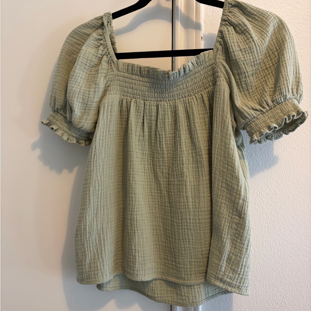 J. Crew Sage Green Peasant Top Puff Sleeve XS - Picture 3 of 4